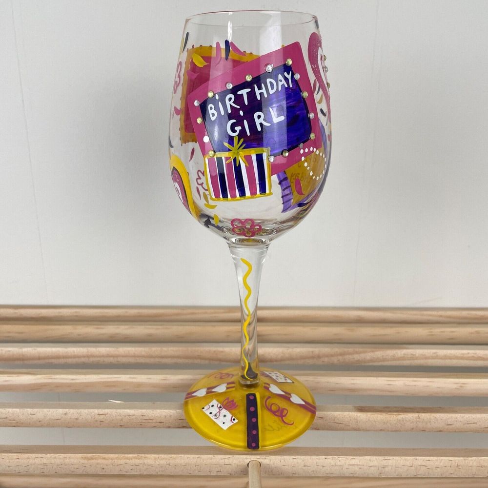 Hand Painted Lolita Birthday Girl Wine Glass Bling‎ Jeweled Recipe on Bottom